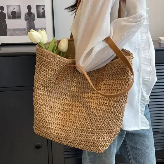 Woven Straw Shoulder Tote Bag