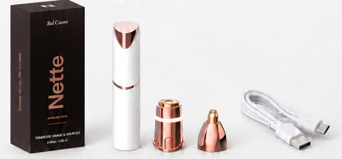 La boîte Nette, l’appareil avec son capuchon, la tête visage, la tête sourcils et le câble USB-C