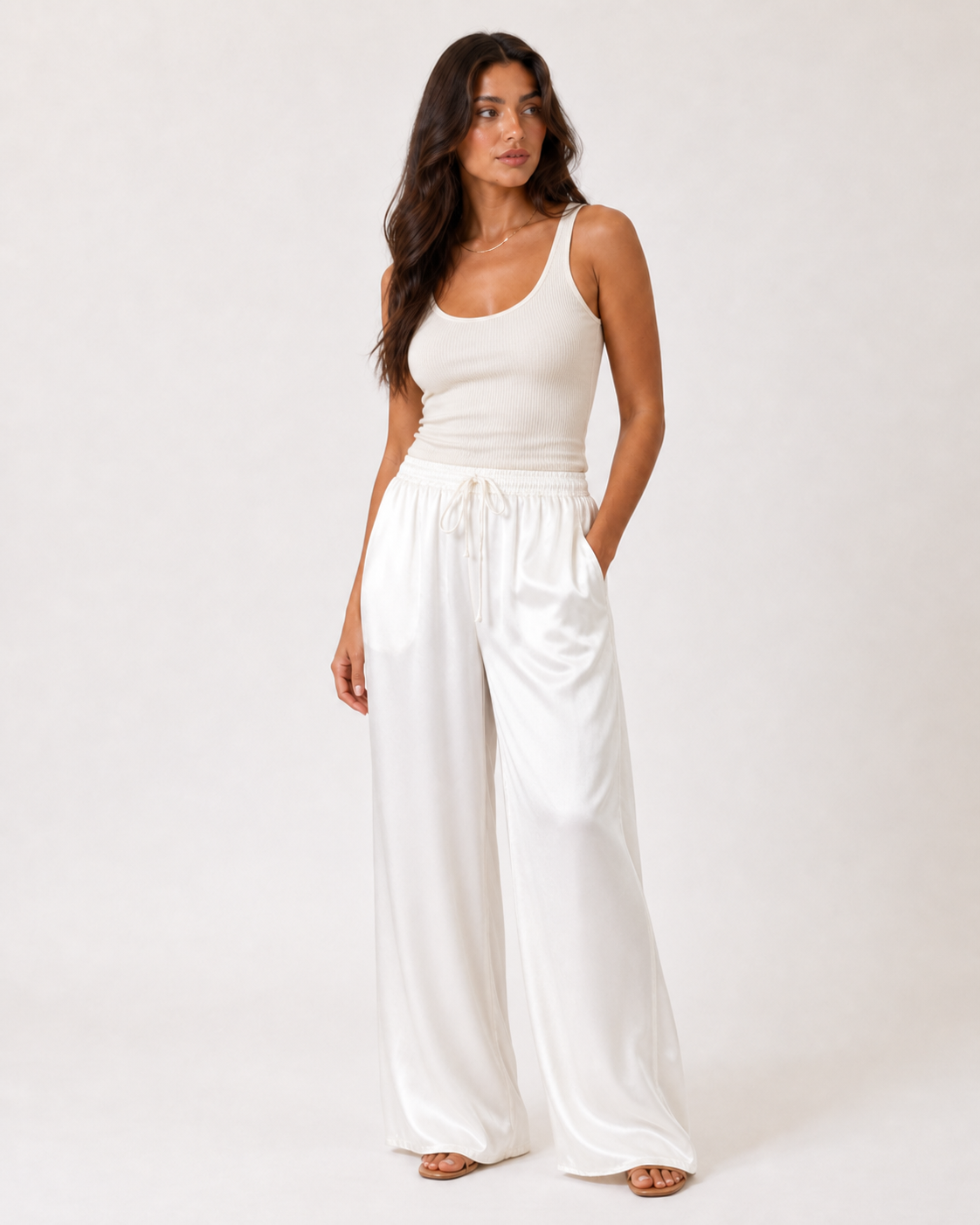 Amira Hose - weite Palazzo-Hose aus Satin in Weiß mit Raffbund und Bindeband