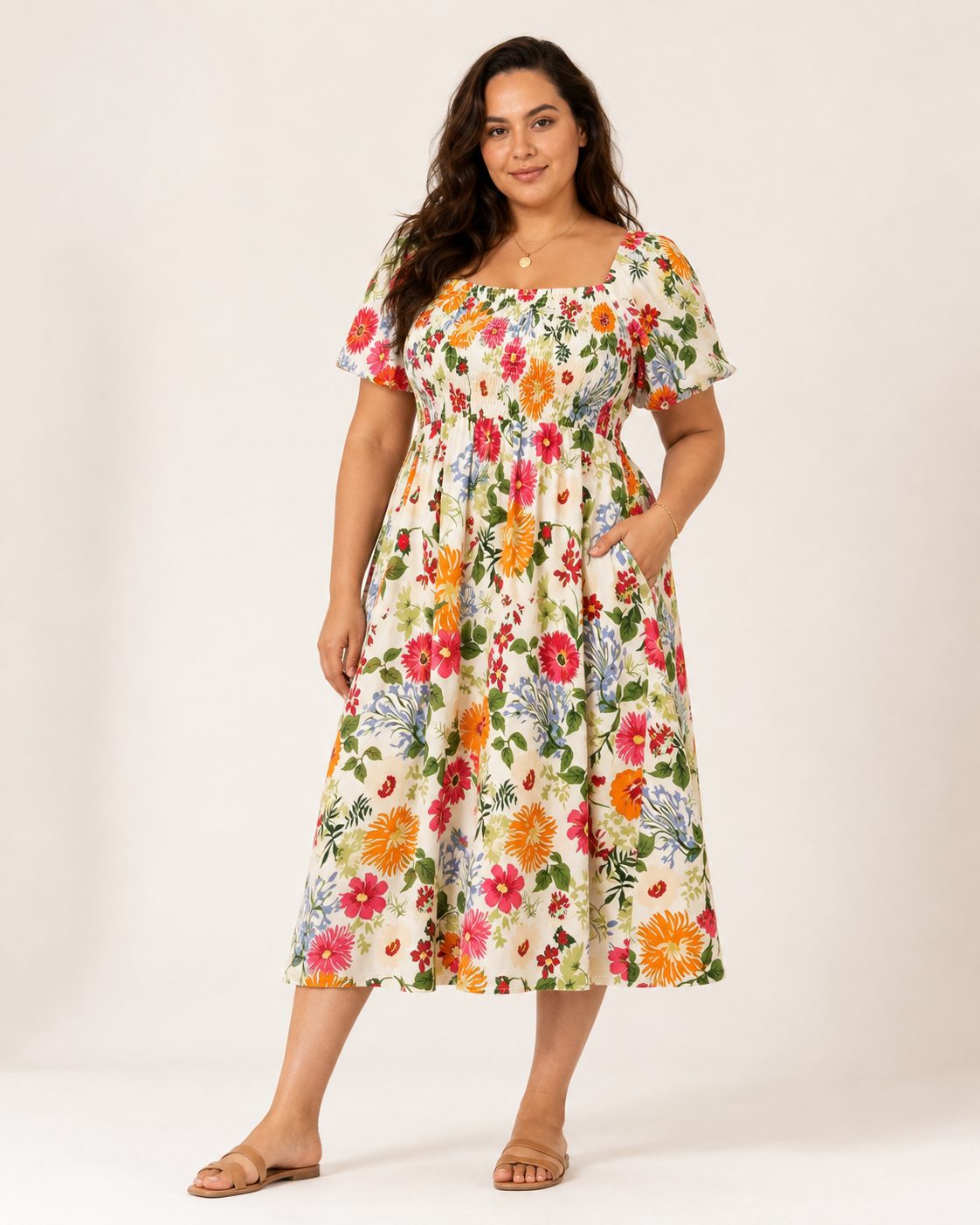 Elena Kleid – Sommerkleid aus Baumwolle mit Blumenmuster, eckigem Ausschnitt und Taschen