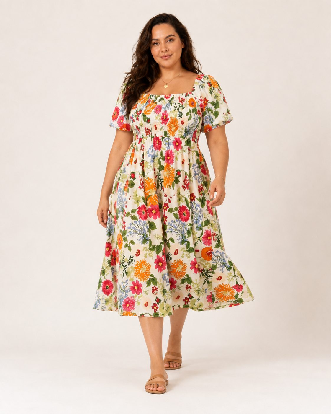 Elena Kleid – Sommerkleid aus Baumwolle mit Blumenmuster, eckigem Ausschnitt und Taschen