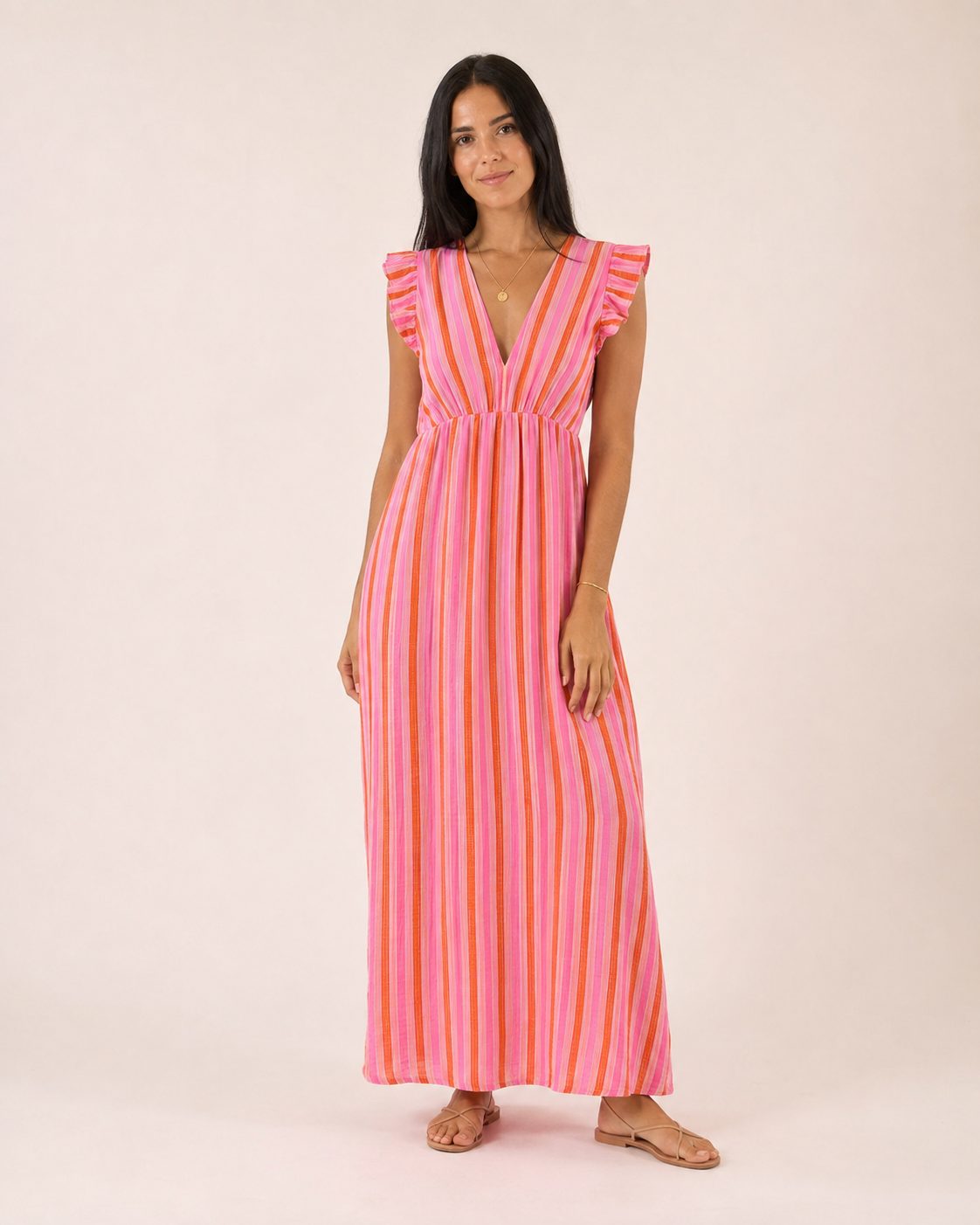 Livia Kleid – Maxikleid aus Musselin mit pink-orangen Streifen und Rüschenträgern