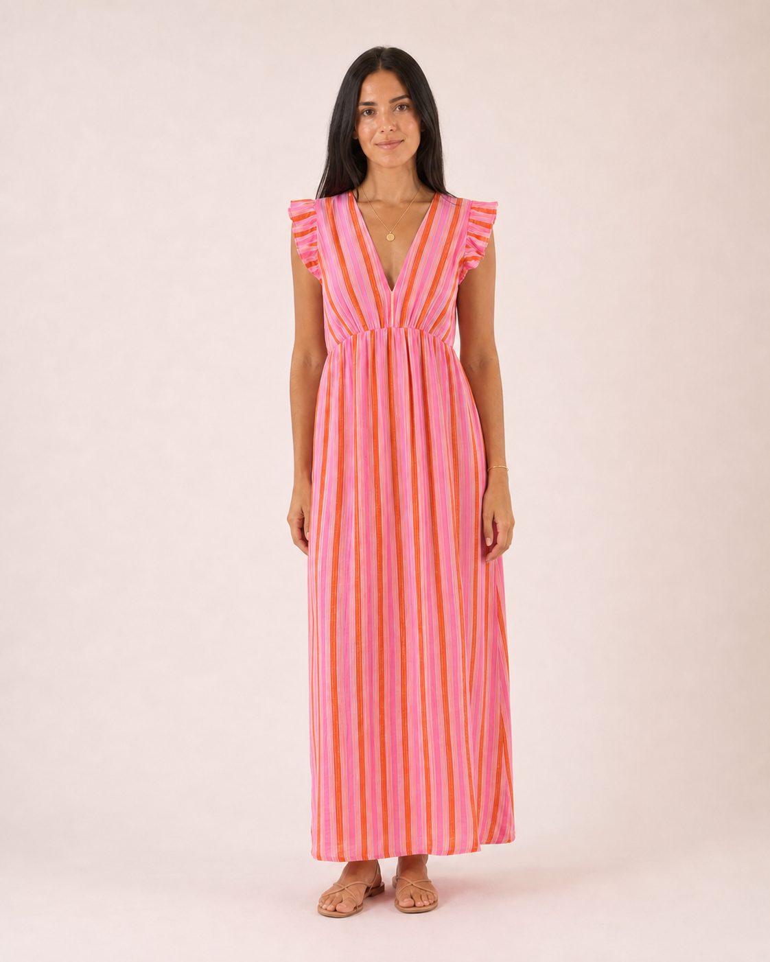 Livia Kleid – Maxikleid aus Musselin mit pink-orangen Streifen und Rüschenträgern