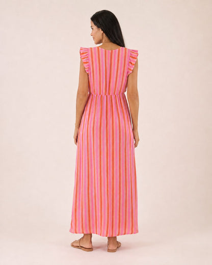 Livia Kleid – Maxikleid aus Musselin mit pink-orangen Streifen und Rüschenträgern