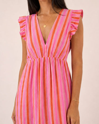 Livia Kleid – Maxikleid aus Musselin mit pink-orangen Streifen und Rüschenträgern