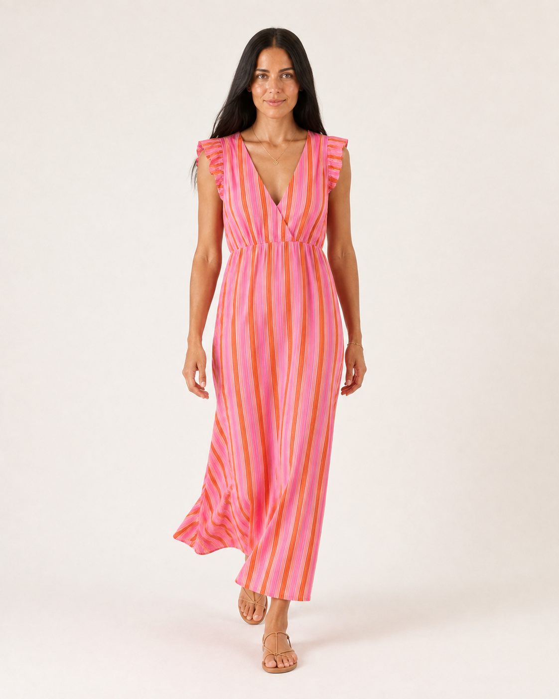 Livia Kleid – Maxikleid aus Musselin mit pink-orangen Streifen und Rüschenträgern