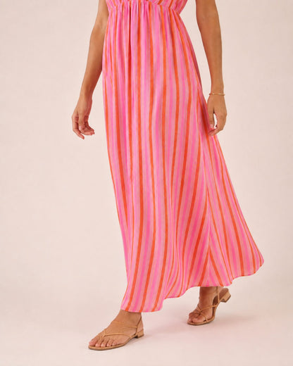 Livia Kleid – Maxikleid aus Musselin mit pink-orangen Streifen und Rüschenträgern