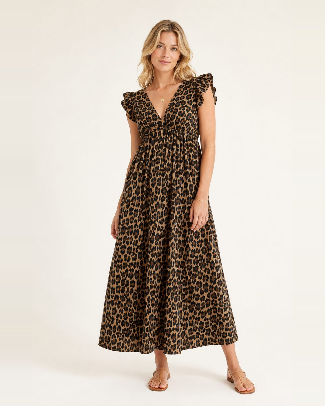 Greta Kleid – Maxikleid aus Musselin im Leopardenmuster mit Rüschenärmeln