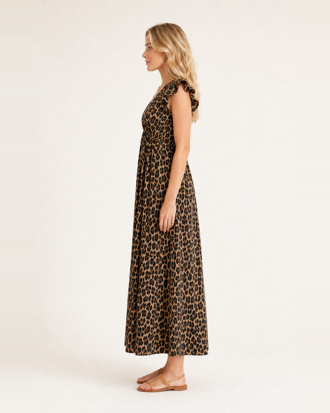 Greta Kleid – Maxikleid aus Musselin im Leopardenmuster mit Rüschenärmeln