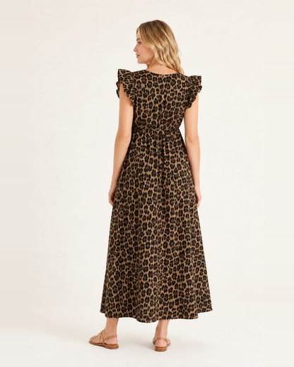 Greta Kleid – Maxikleid aus Musselin im Leopardenmuster mit Rüschenärmeln