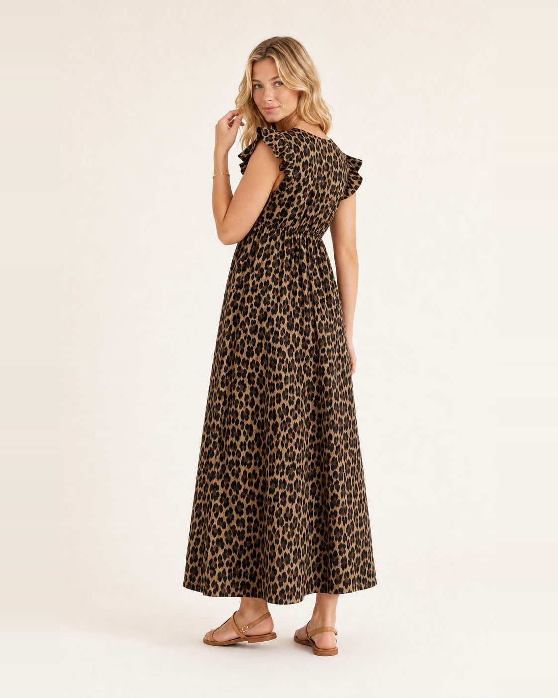 Greta Kleid – Maxikleid aus Musselin im Leopardenmuster mit Rüschenärmeln