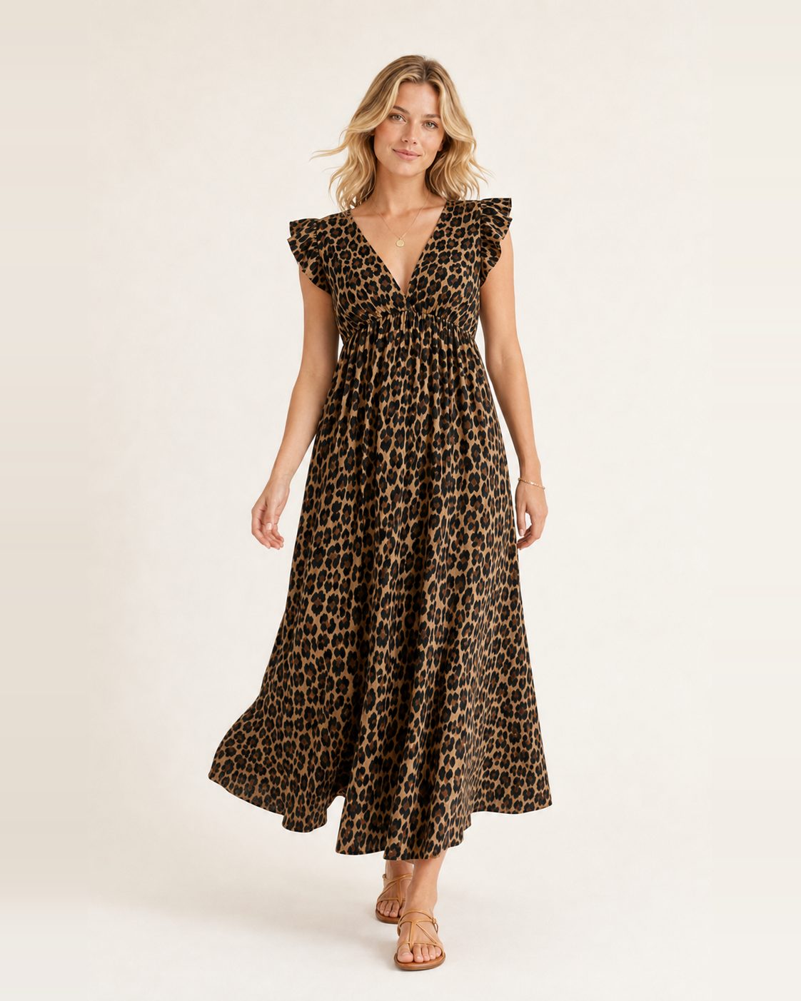 Greta Kleid – Maxikleid aus Musselin im Leopardenmuster mit Rüschenärmeln