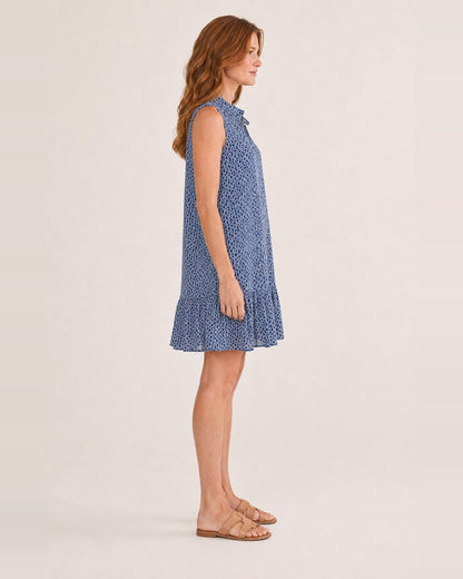 Hanna Kleid – ärmelloses A-Linien-Kleid in Marineblau mit Bindekragen und Volantsaum