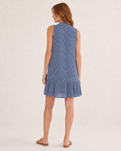 Hanna Kleid – ärmelloses A-Linien-Kleid in Marineblau mit Bindekragen und Volantsaum