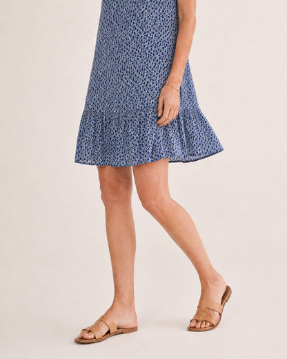 Hanna Kleid – ärmelloses A-Linien-Kleid in Marineblau mit Bindekragen und Volantsaum