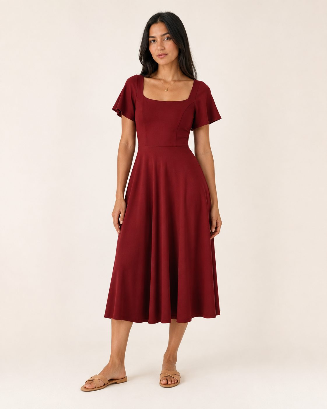Ida Kleid – Midikleid in Cranberry mit eckigem Ausschnitt und Flügelärmeln