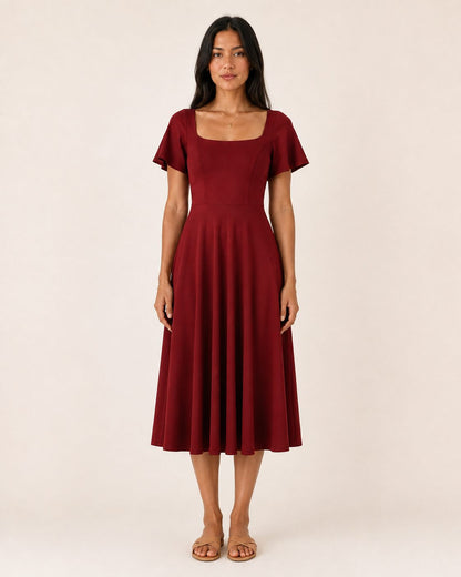 Ida Kleid – Midikleid in Cranberry mit eckigem Ausschnitt und Flügelärmeln
