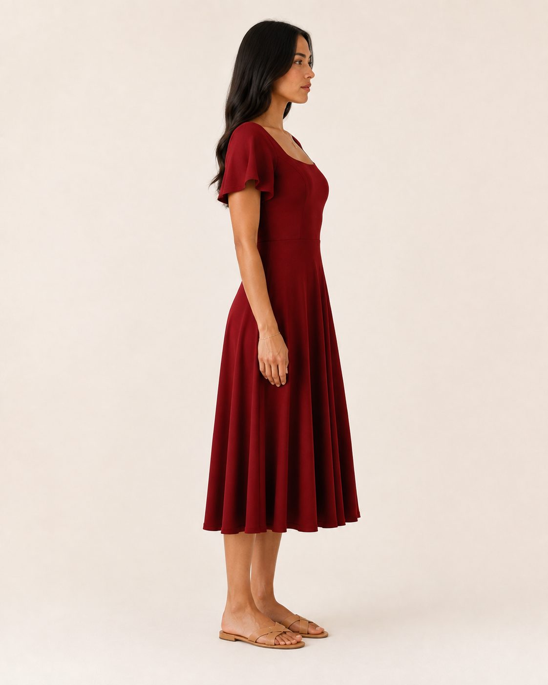 Vestito Ida – Abito midi color cranberry con scollo quadrato e maniche ad aletta