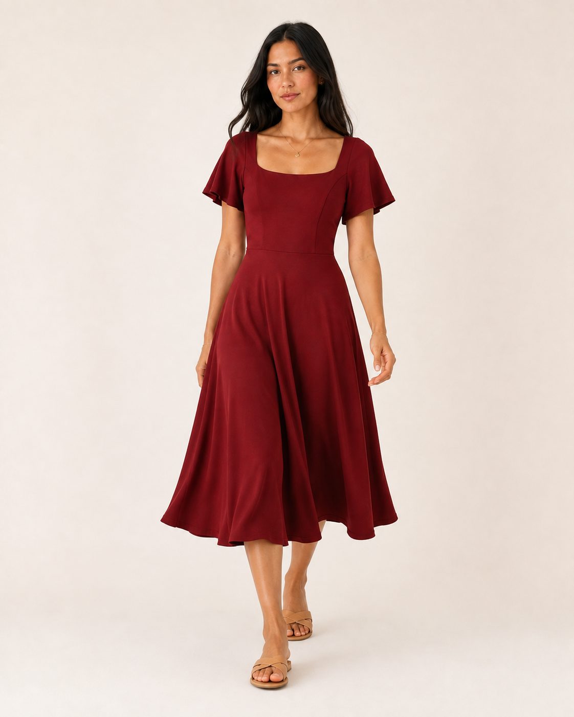 Ida Kleid – Midikleid in Cranberry mit eckigem Ausschnitt und Flügelärmeln