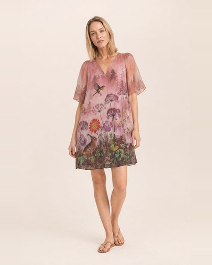 Abito Lena – abito corto a tunica in voile con stampa bosco rosa, fiori e animali