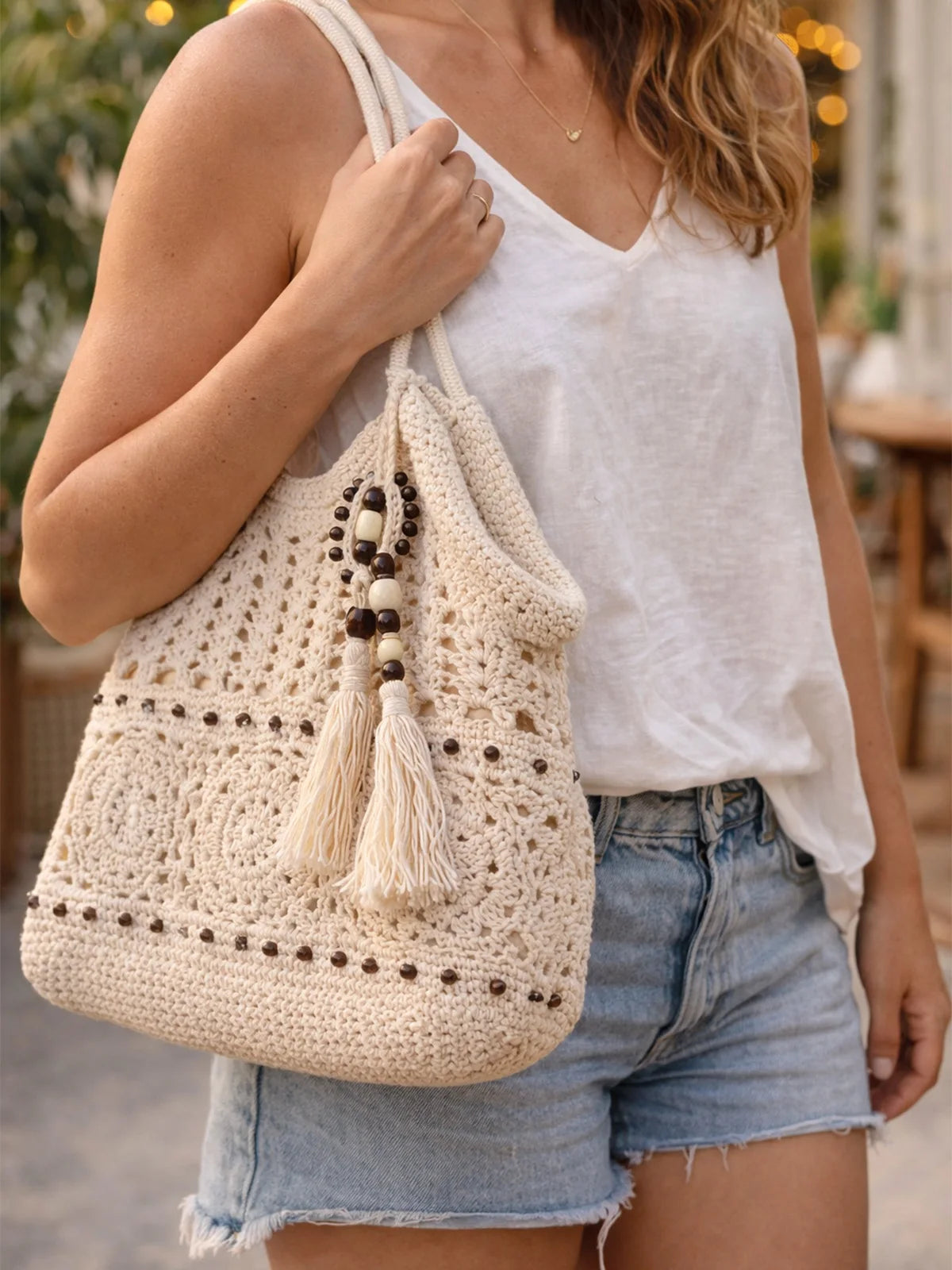 Tasselled Crochet Tote Bag