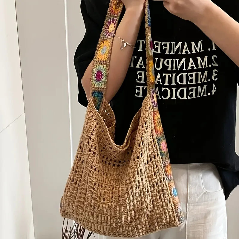 Boho Floral Crochet Tote Bag