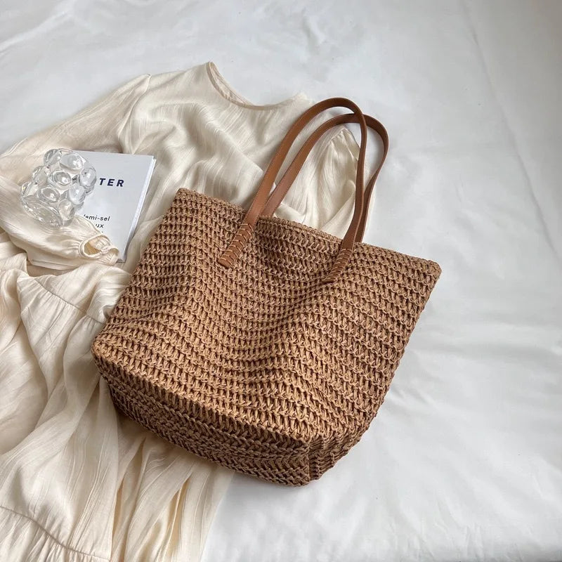 Woven Straw Shoulder Tote Bag