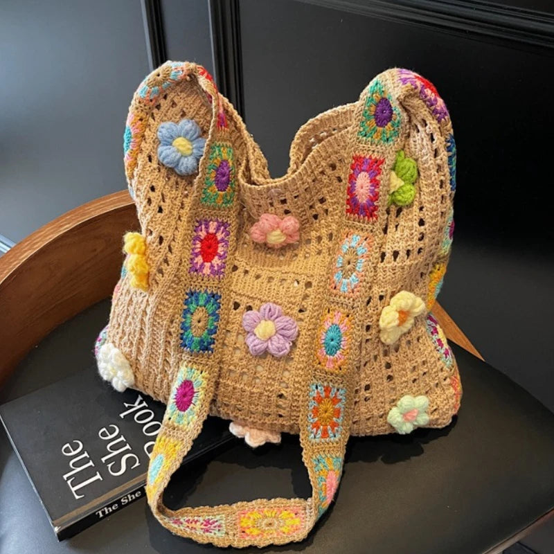 Boho Floral Crochet Tote Bag