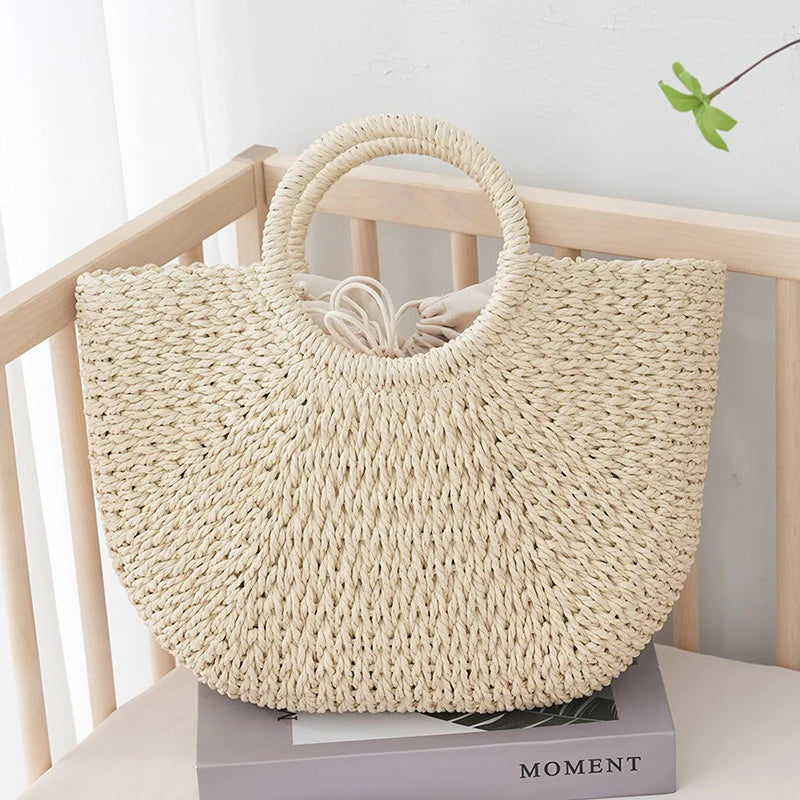 Half-Moon Straw Top-Handle Bag