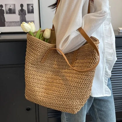Woven Straw Shoulder Tote Bag