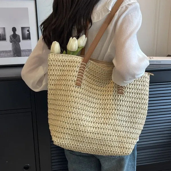 Woven Straw Shoulder Tote Bag