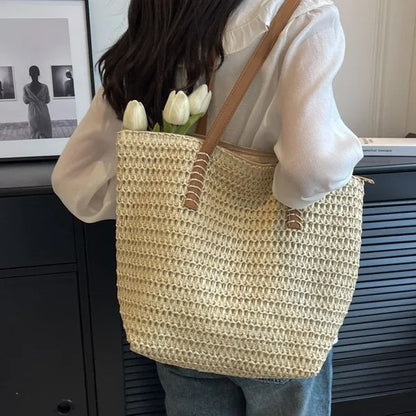 Woven Straw Shoulder Tote Bag