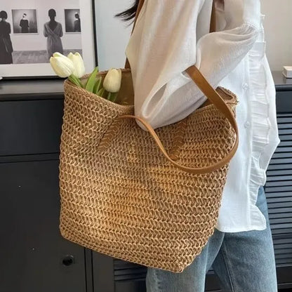 Woven Straw Shoulder Tote Bag