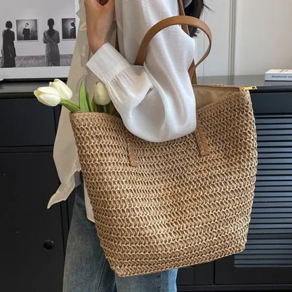 Woven Straw Shoulder Tote Bag