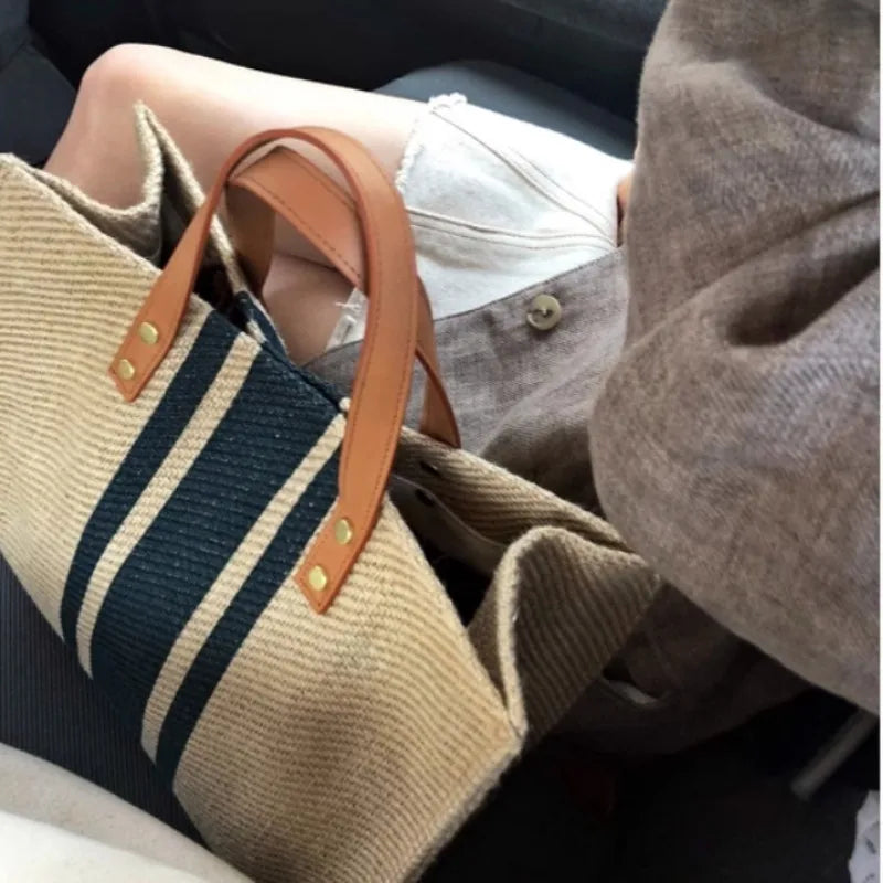 Striped Jute Tote Bag