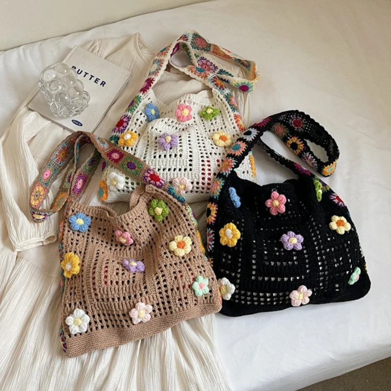 Boho Floral Crochet Tote Bag