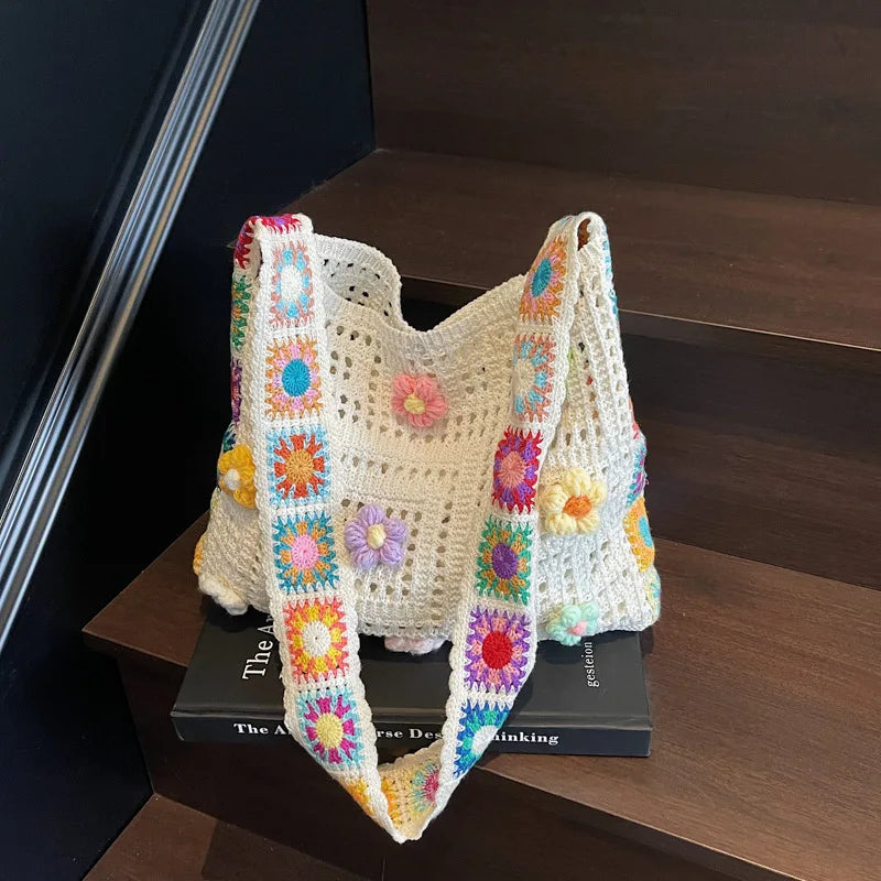 Boho Floral Crochet Tote Bag