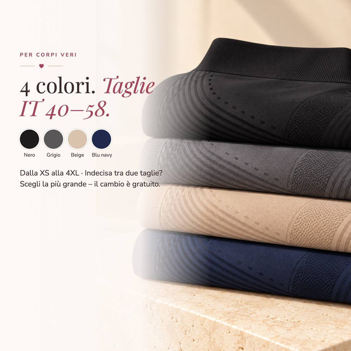 4 colori, taglie dalla IT 40 alla IT 58