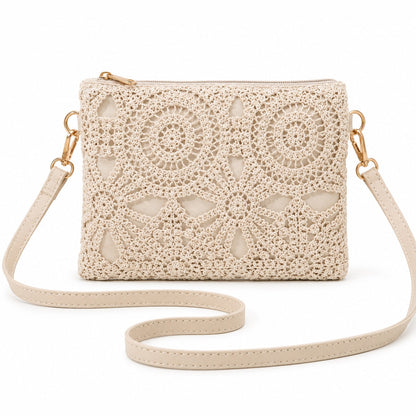 Borsa a tracolla color crema in crochet effetto pizzo floreale, con moschettoni dorati e tracolla regolabile