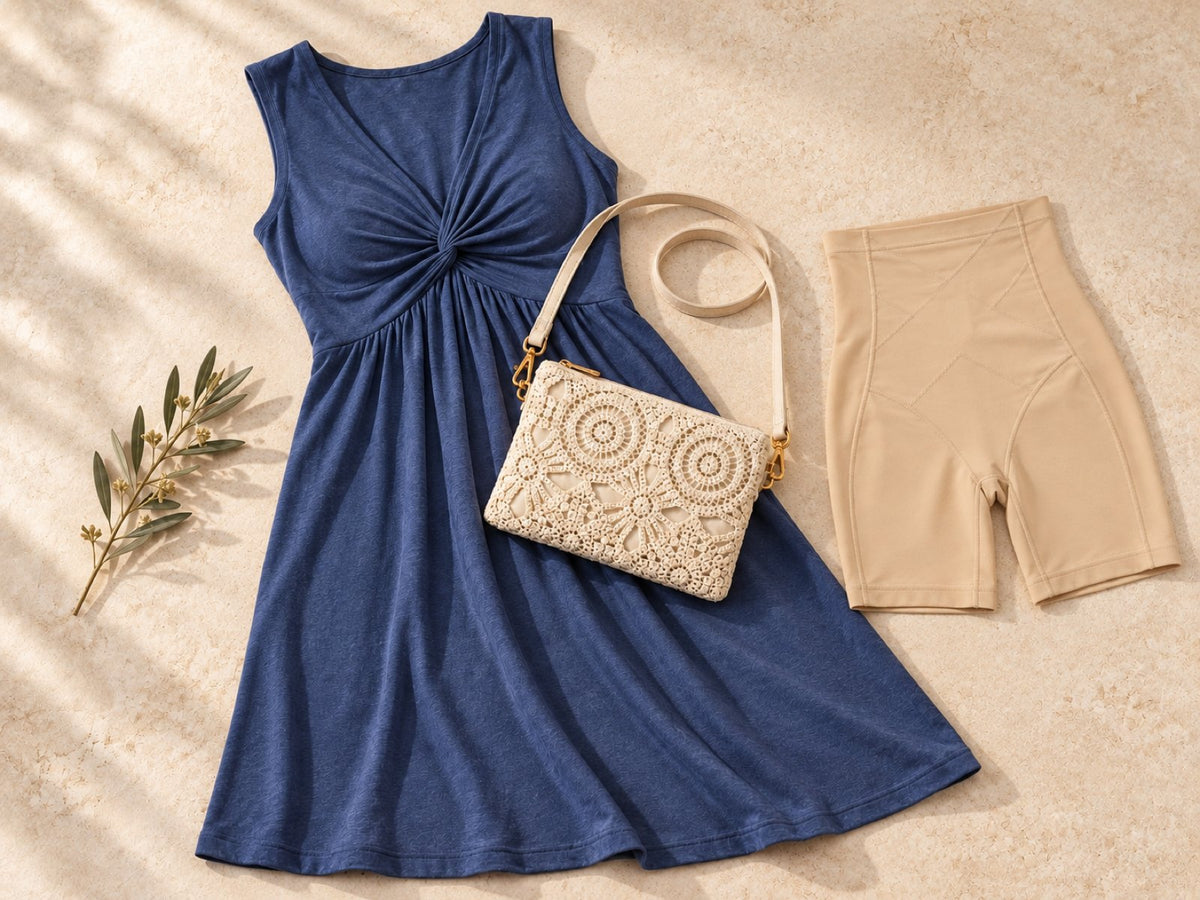 Set Nora 3 pezzi: abito, shorts modellanti beige e borsa in crochet effetto pizzo floreale