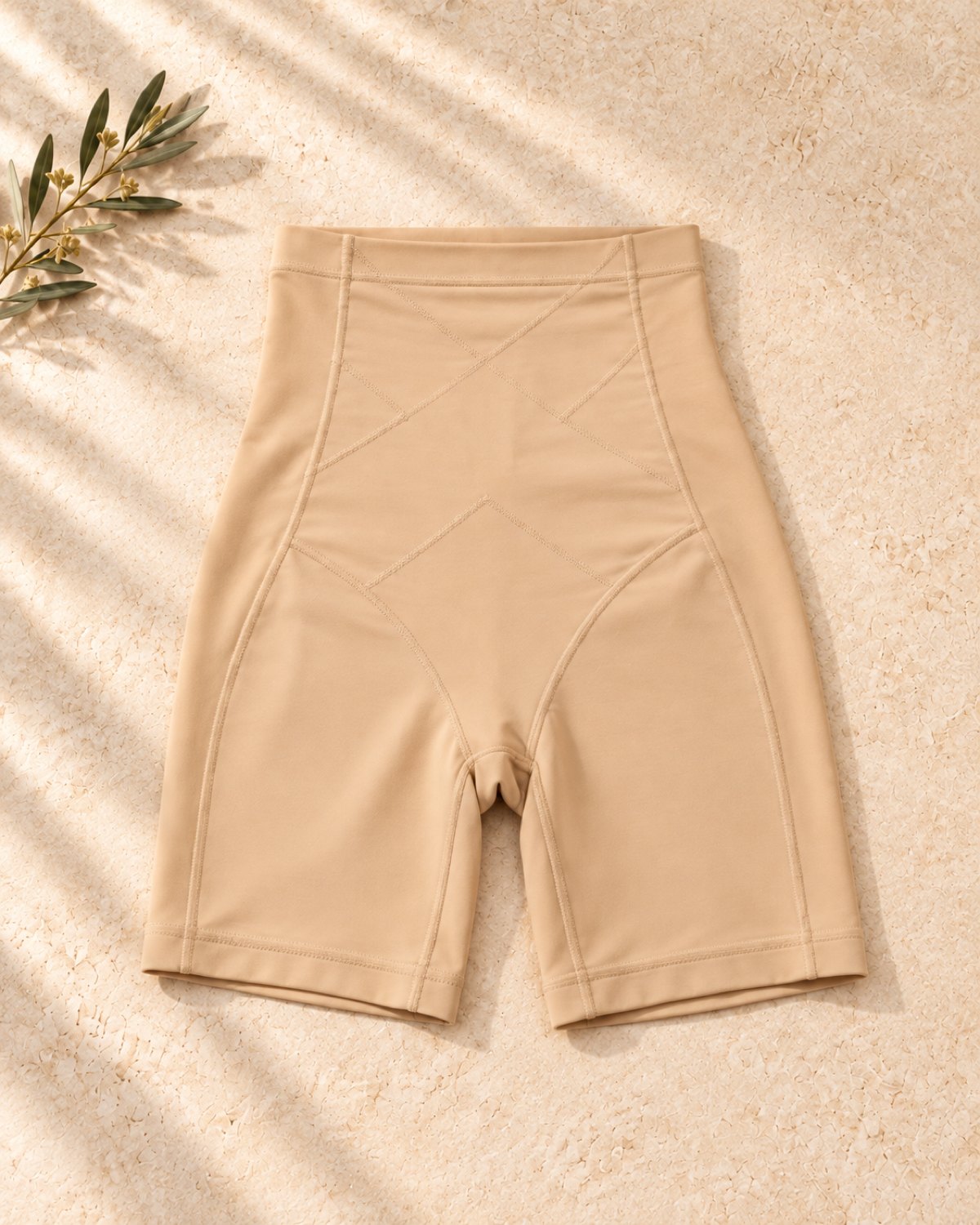 Beige seamless high-waist shapewear shorts included in the Sofia set