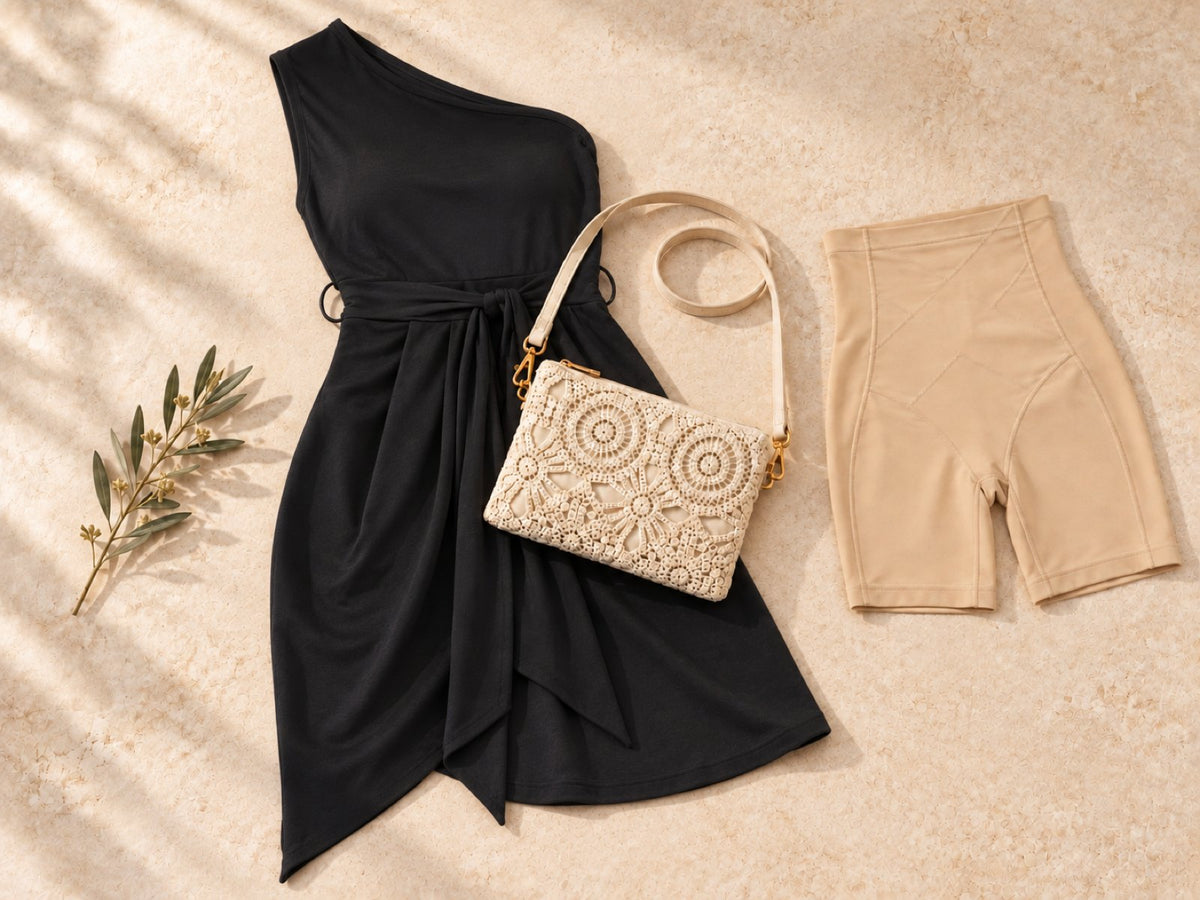 The Sofia 3-piece set: black dress, beige shapewear shorts and floral lace crochet bag