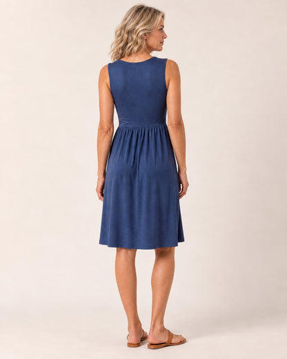 Abito Nora - abito senza maniche in jersey mélange blu denim, con scollo a V e nodo intrecciato