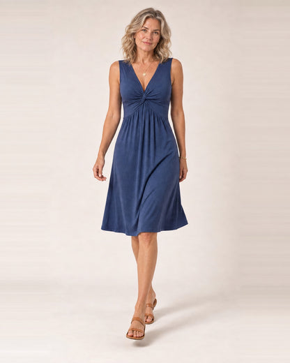 Abito Nora - abito senza maniche in jersey mélange blu denim, con scollo a V e nodo intrecciato