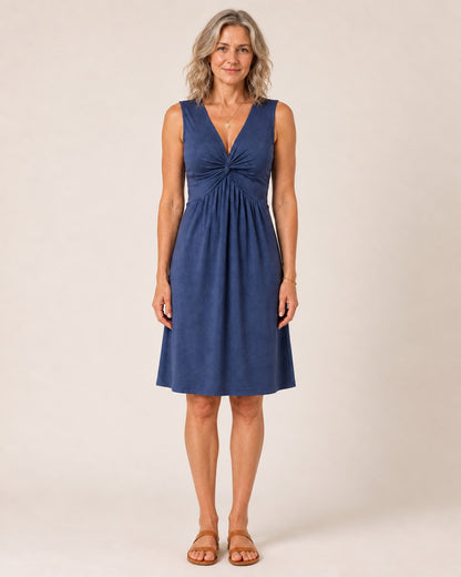 Abito Nora - abito senza maniche in jersey mélange blu denim, con scollo a V e nodo intrecciato