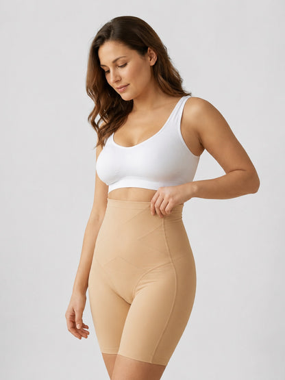 Seamless high-waist shaping shorts in beige, three-quarter view