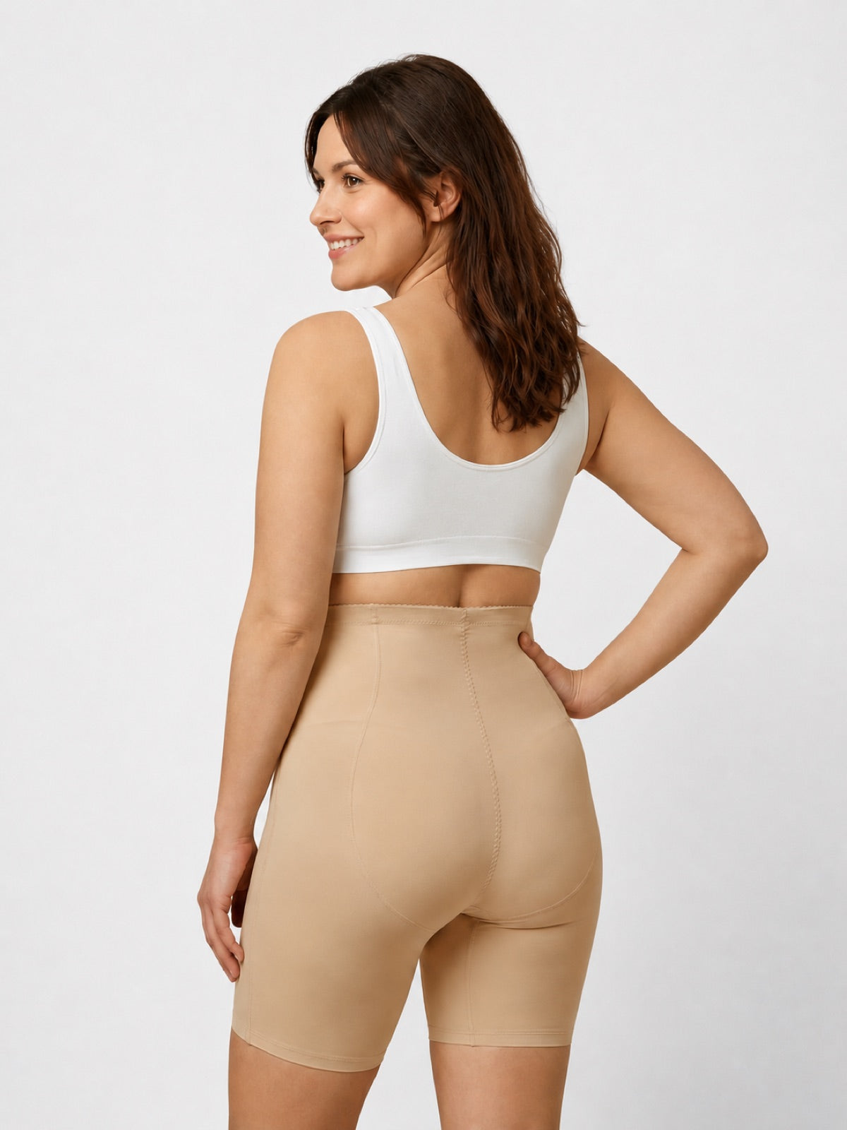 Seamless high-waist shaping shorts in beige, back view