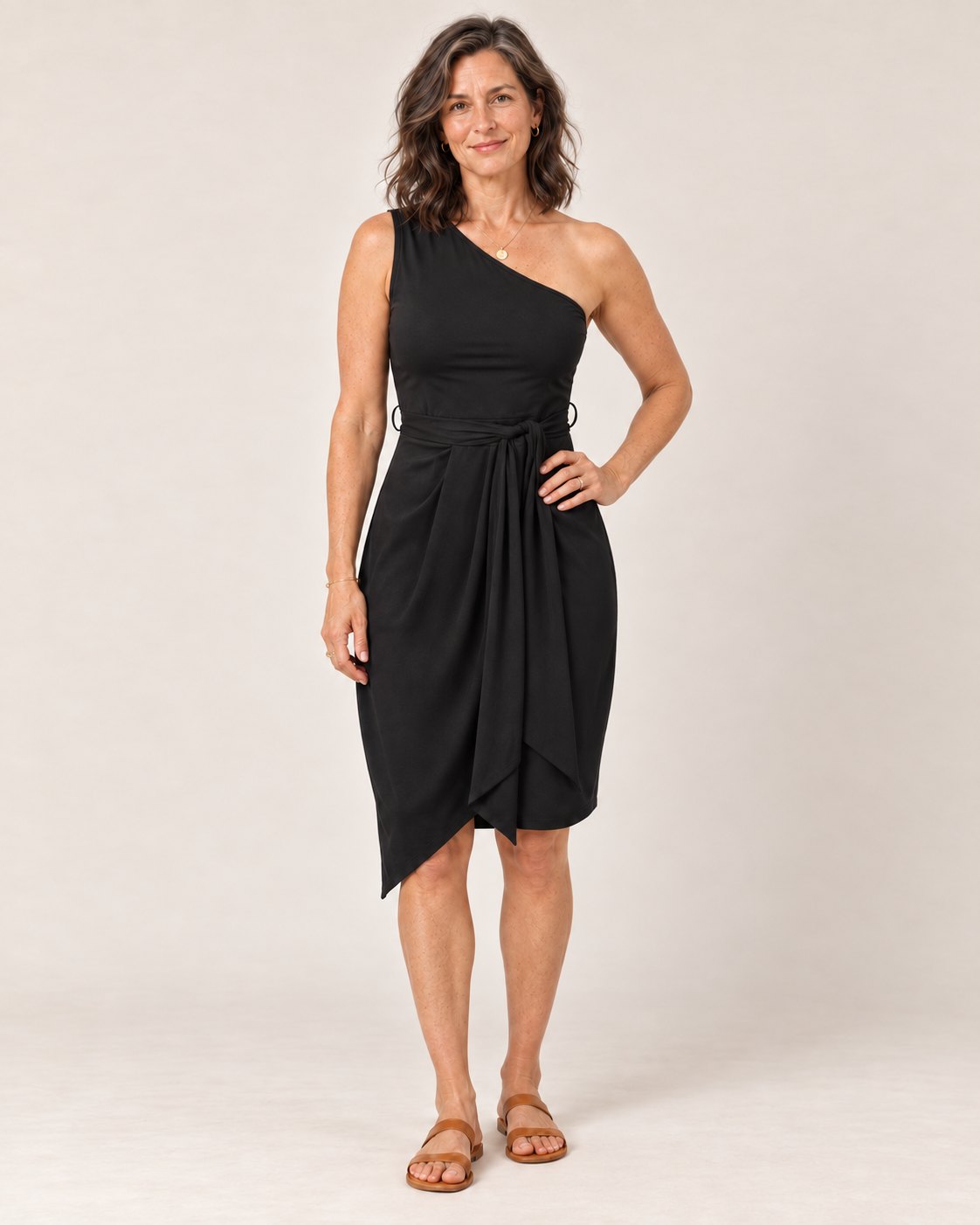 Sofia Dress - black one-shoulder dress with tie waist, front view