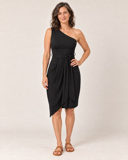 Sofia Dress - black one-shoulder dress with tie waist, front view
