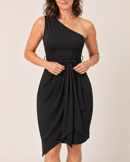 Sofia Dress - detail of the one-shoulder neckline and tie waist